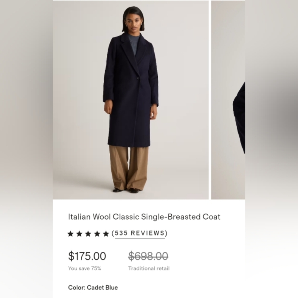 Quince Italian Wool Long Classic Coat. Navy. Small. Perfect Condition. - Picture 4 of 17